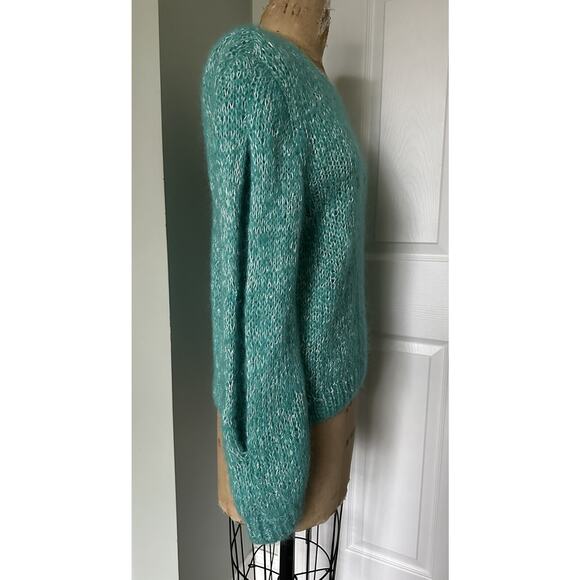 Vintage mohair Blend Sweater Woman Crew Blue Teal Turquoise White Wide Sleeves - Picture 12 of 16